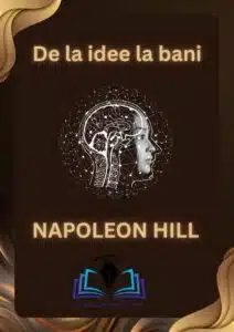 "Coperta cărții 'De la Idee la Bani' de Napoleon Hill, prezentând un profil stilizat al unei capete umane cu ilustrații ale unui creier transformându-se în monede, simbolizând conexiunea dintre gândirea strategică și succesul financiar."