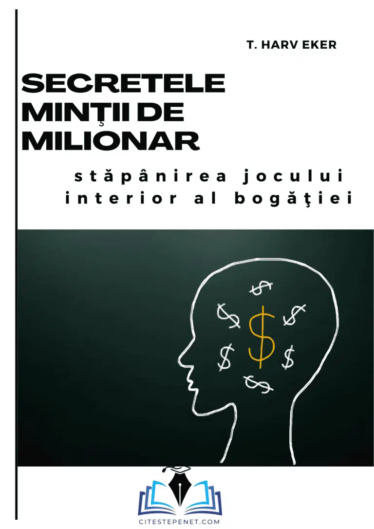 Coperta cărții "Secretele Minții de Milionar" de T. Harv Eker, ilustrând un profil uman cu simboluri monetare în creier, subliniind tema centrală a cărții despre stăpânirea gândirii pentru a atinge prosperitatea financiară. Designul simplu și puternic conveys mesajul că bogăția începe în minte.