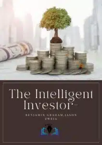 "Imaginea coperții cărții 'The Intelligent Investor' de Benjamin Graham, ilustrând un copac care crește dintr-un morman de monede pe fondul unui orizont urban, simbolizând potențialul de creștere al investițiilor înțelepte."