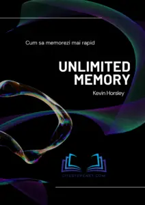 Coperta cărții 'Unlimited Memory' de Kevin Horsley, cu titlul 'Cum să memorezi mai rapid', prezentând un design abstract în culori negru și albastru, simbolizând expansiunea și fluiditatea memoriei umane.