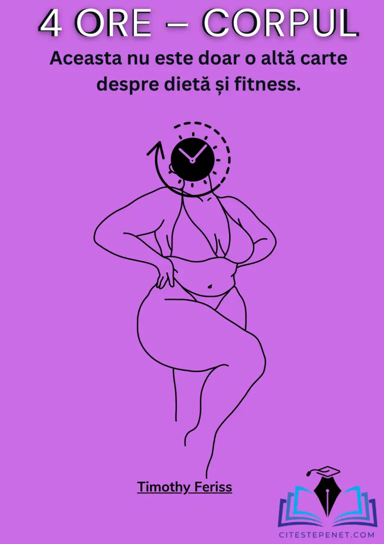 Alt text: "Coperta cărții '4 Ore – Corpul' de Timothy Ferriss, prezentând o ilustrație simplistă roz și violet cu figura unei persoane care pare să se întindă sau să se pregătească pentru exerciții, subliniind că aceasta nu este doar o altă carte despre dietă și fitness. Logo-ul autorului și titlul sunt plasate în partea inferioară."