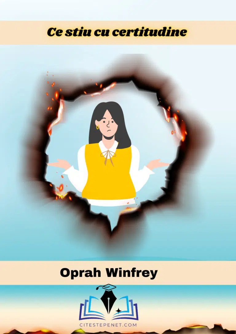 Coperta cărții "Ce știu cu certitudine" de Oprah Winfrey prezintă o ilustrație a autoarei în centrul unei rupturi stilizate, pe un fundal degradat de albastru și bej, simbolizând revelația și descoperirea de sine, cu logo-ul website-ului CitestePeNet.com plasat în partea de jos.