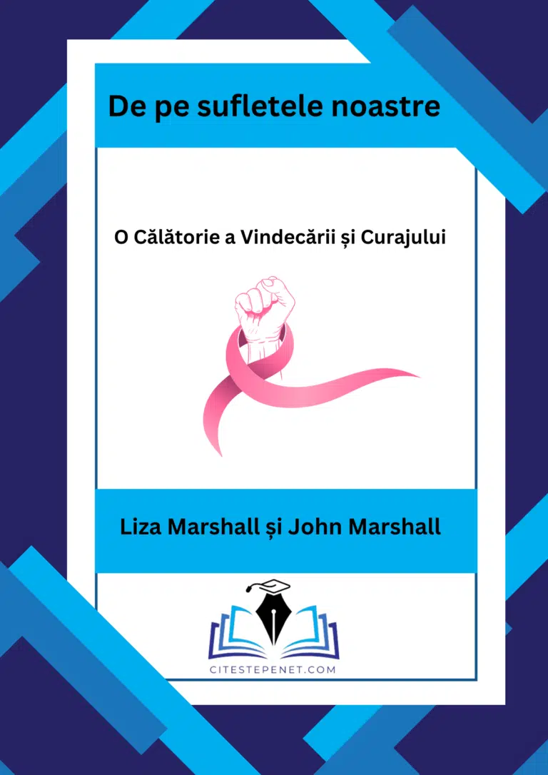 Coperta cărții "De pe sufletele noastre" de Liza Marshall și John Marshall prezintă un design modern cu o panglică roz simbolizând lupta împotriva cancerului, însoțită de titlul "O Călătorie a Vindecării și Curajului" și logo-ul CitestePeNet.com în partea de jos.