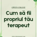 Coperta cărții "Cum să fii propriul tău terapeut" de Owen O'Kane, prezentând titlul scris cu litere verzi pe un fundal verde deschis, decorată cu frunze stilizate în colțurile superioare și inferioare, simbolizând autovindecarea și creșterea personală.